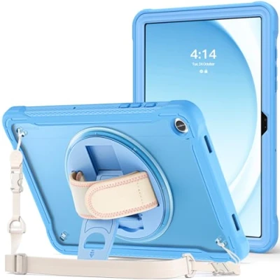 Immagine di ProCase Cover Galaxy Tab A9+ Plus 11 Pollici 2023 SM X210/X216/X218, Rugged Custodia Protettiva Antiurto con Cavalletto Rotante 360, Cinturino a Mano e Tracolla Blu