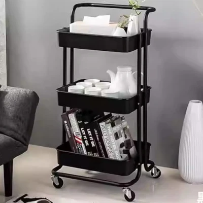 Immagine di Shally Dogan Carrello da Cucina di Servizio Salvaspazio in Metallo con Ruote, Scaffale Slim Portavivande Maniglia per Trasporto, Carrellino Multiuso Portaoggetti a 3 Ripiani (Nero)