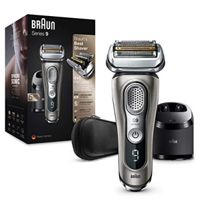 Immagine di Braun Series 9 9385cc Rasoio da Barba Elettrico senza Fili, Base di Ricarica e Custodia Viaggio in Pelle, a Lamina, Batteria Li Ion Rasatura Duratura (60 min), 100% Impermeabile, Grafite