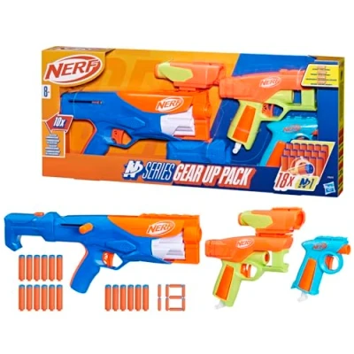 Immagine di Nerf Serie N, Pacchetto di equipaggiamento, confezione da 3 blaster, 18 dardi N1, compatibile solo con blaster N Series