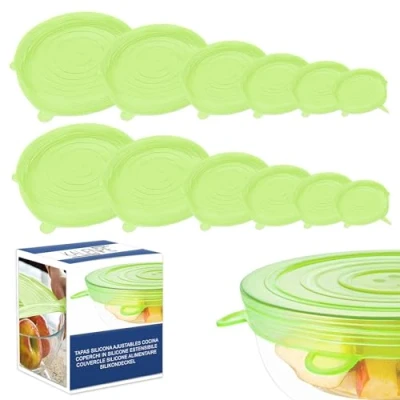 Immagine di Coperchi in silicone estensibile 12 pezzi Riutilizzabile Senza BPA ed ecologico Resistente alle alte e basse temperature Lavabile lavastoviglie Compatibile con tutti i tipi di contenitori