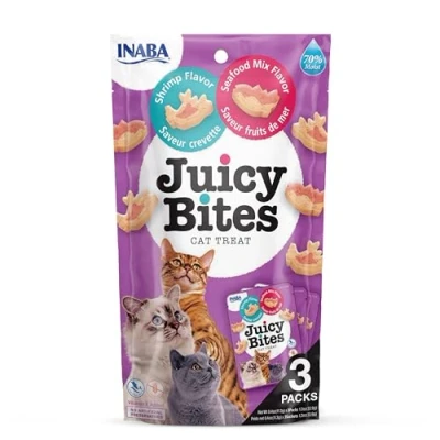 Immagine di INABA Juicy Bites Bocconcini per Gatti ai Gamberi e Frutti di Mare 1 Busta (3 Packs x 11,3gr) Snack Semi Umido in Forme Diverse Cibo Senza Conservanti o Coloranti Artificiali