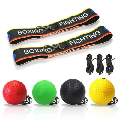 Immagine di Jomdjmskes 4 PCS Reflex Ball, Palla Boxe Riflessa Set, Pugilato Reaction Ball con Fascia, Allenamento Pallina Elastico Regolabile, Training Riflessi Pugilato, per velocità Pugno