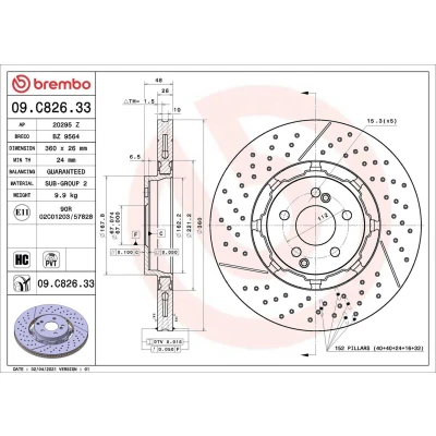 Immagine di BREMBO 09.C826.33 disco freno 360 26 5 ventilazione interna, intagliato/perforato, a due pezzi rivestito ad alto tenore di carbonio