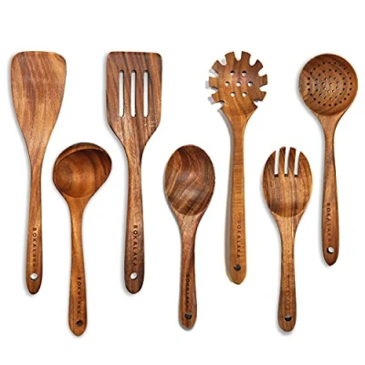 Immagine di Cucchiai in legno per cucinare, 7 utensili da cucina di teak, set legno, spatola cucinare