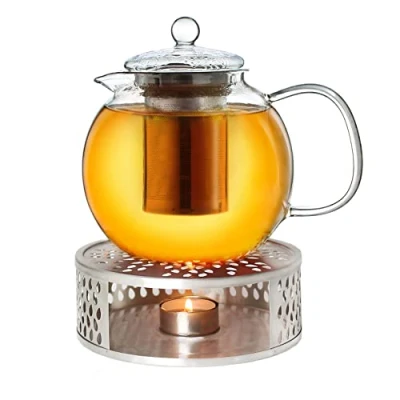 Immagine di Teiera in vetro + riscaldatore Acciaio inossidabile, 3 pezzi con colino integrato inossidabile e coperchio vetro, ideale per la preparazione di tè sfusi 1,3 l