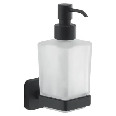 Immagine di GEDY Dosasapone Tonga, Dispenser Sapone in Acciaio Inox, Cromall e Vetro Satinato, Fissabile con Viti Incluse o Biadesivo, Nero Matt, 6,3x11,7x17,3, Capacità 220ml