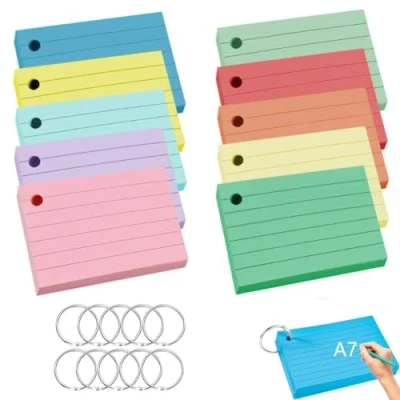Immagine di 500 Flash Cards Cartoncini A7 Index Study Carte di Vocabolario per Appunti 10.5 x 7.4cm con 10 Anelli Rilegatura Colori