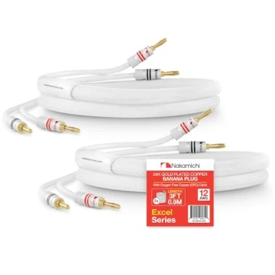 Immagine di Nakamichi Excel Series Connettore Banana Placcato in Oro 24k con Cavo degli Altoparlanti Rame Senza Ossigeno al 99.9% (OFC) Intrecciato Certificato CL2 Bianco (12AWG / 3ft 0,9m) 2 Pacchi