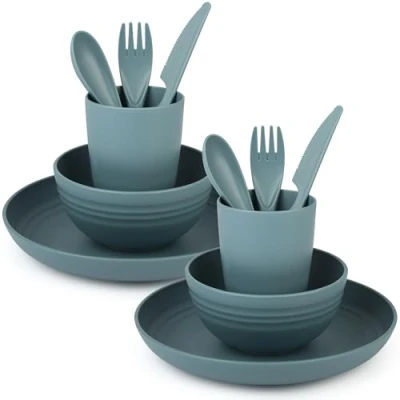 Immagine di Belle Vous Set Stoviglie da Campeggio con Piatto Ciotola Tazza e Posate Kit Pic Nic Piatti per Camper Plastica Dura Adatto a Microonde Lavastoviglie Blu Verde