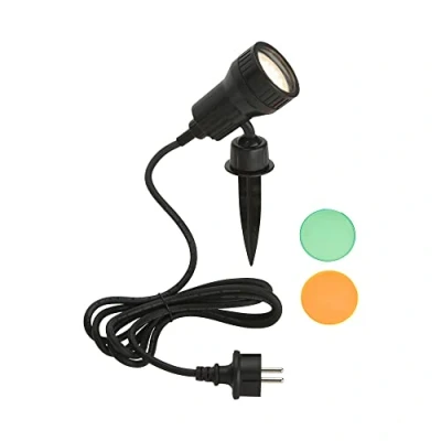 Immagine di Briloner Leuchten luce per esterni, sentieri, LED GU10 3W 250lm, incl. filtro colore arancione, verde, testa orientabile e girevole, cavo a spina 2,0m, IP44, nero
