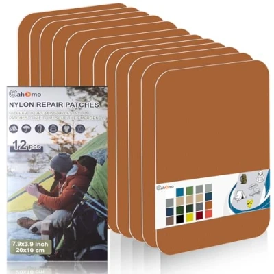Immagine di Toppe autoadesive in Nylon, 12 Pezzi 20X10 cm Cahomo toppa adesiva per tessuti, Patch di riparazione impermeabile, piumino, tenda, sacco a pelo Marrone Chiaro