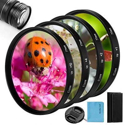 Immagine di kit filtro close up, Fotover 4 pezzi (+ 1, + 2, 4, 10) macro di lente up Lens Filter set con sacchetto per Canon, Nikon, Sony, Pentax, Olympus, FUJI copriobiettivo