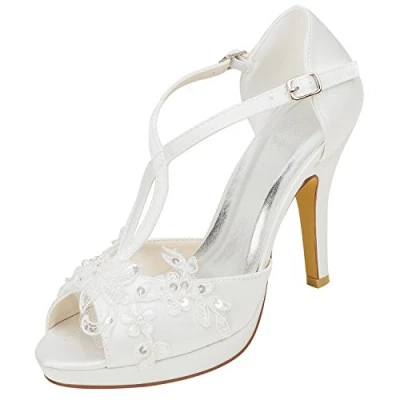 Immagine di Emily Bridal Scarpe da Sposa la Seta delle Donne Come Piattaforma della Punta del Tallone Tacco Raso con Perla Merletto di Cucitura (EU35, Ivory)