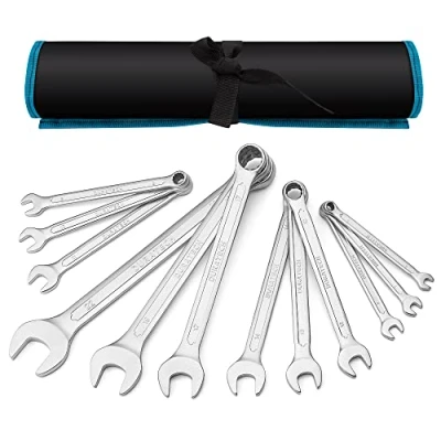 Immagine di DURATECH set di chiavi combinate, 12 pezzi, aperte, cromato opaco, acciaio al cromo vanadio, DIN 3113, metrica, 6 22 mm, punti, con custodia
