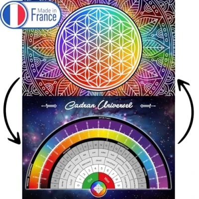 Immagine di Fiore della vita ricaricare le pietre (Recto) e quadrante di radiestesia universale (retro): scala Bovis, alfabeto, numeri, formato A4, 1 tavola unica plastificata stampata in FRANCIA