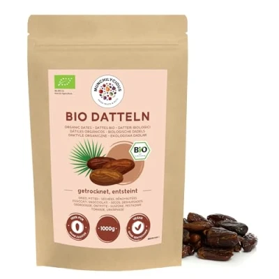 Immagine di datteri bio denocciolati 1kg di Munchilycious, al naturale, interi e non zuccherati, snack alla frutta, aggiunta perfetta per muesli, cereali o porridge la colazione