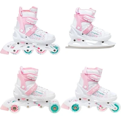 Immagine di RAVEN 4 in 1 Pattini linea/triskates/pattini a rotelle/pattini da ghiaccio ROSI regolabili con luce LED (28 32 (18,5 21 cm)