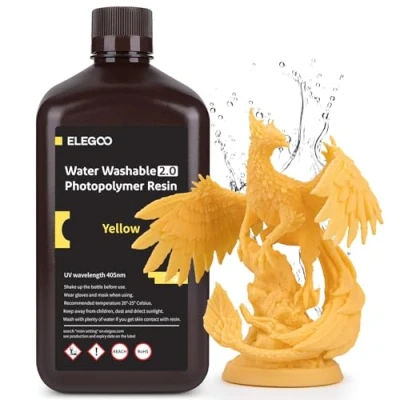 Immagine di ELEGOO Resina Lavabile in acqua Potenziata 2.0, 3D a 405 nm Polimerizzazione UV con Basso Restringimento e Maggiore Precisione per Stampante LCD 3D, Giallo 2000G