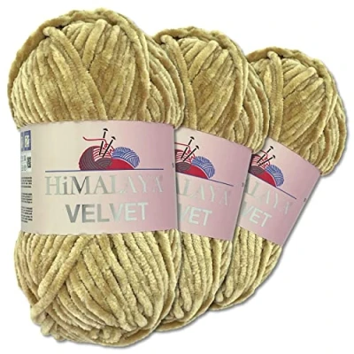 Immagine di Wohnkult Himalaya Velvet Dolphin Gomitolo di lana per lavorare a maglia, ciniglia soffice, accessori, indumenti e coperte, 40 colori scelta, 3 pezzi da 100 grammi l’uno (90017 color sabbia)