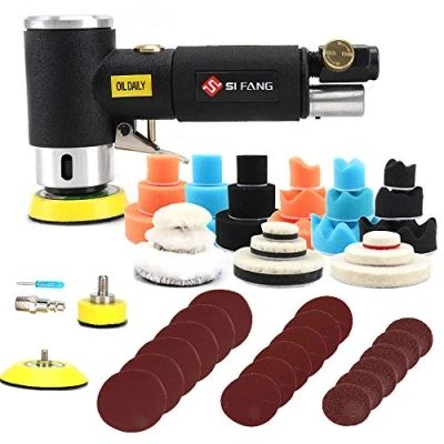 Immagine di SI FANG Kit di mini levigatrice orbitale ad aria alta velocità per lavori carrozzeria, include spugna lucidatura da 1/2/3&quot; e tamponi in lana (kit nera)