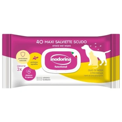 Immagine di Inodorina, Salviette Scudo per Cani, Igienizzanti e Profumate in Tessuto Resistente, Umidificate con Lozioni Specifiche, Contro Parassiti Olio di Neem, Bundle 12 Pezzi