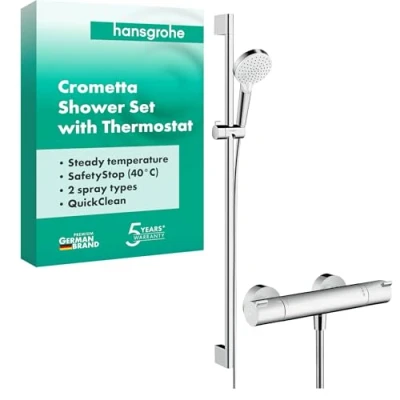 Immagine di hansgrohe Crometta Sistema doccia esterno Vario con termostatico Ecostat 1001 CL e asta 90 cm, bianco/cromo, 27813400