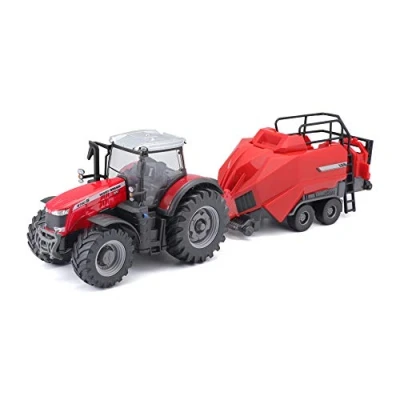 Immagine di Bburago Trattore Massey FERGUSSON 8740S in pressofusione B18 31667 con Veicolo Sollevatore BALER Workiing, Rosso