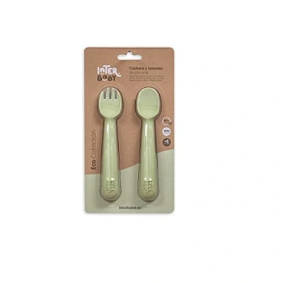 Immagine di Set posate: cucchiaio e forchetta in silicone verde per bambini