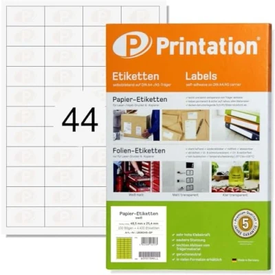 Immagine di Printation etichette universali 48,5 x 25,4 mm, adatte per Amazon FBA 44 adesive 48,5x25,4 foglio a4 25 fogli adesivi / 1100 autoadesive, colore bianco, stampabili 4x11