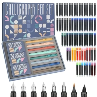 Immagine di GC QUILL F866 Set di 8 penne a sfera per calligrafia con diverse penne, 66 cartucce inchiostro (14 colori) scrittura, disegno, principianti