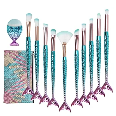 Immagine di Niziyi, set di 11 pennelli da trucco a tema sirena, con morbide setole in nylon, ideali per fondotinta, cipria, creme colorate sopracciglia, eyeliner, fard e correttore, pochette