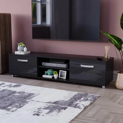 Immagine di Vida Designs Cosmo Mobiletto per TV a 2 Ante in Pannello di Fibra Media Densità, Stile Moderno, Lucido, Colore: Nero, 160 cm No LED Lights, H 38 x L P 40 Circa