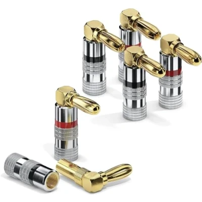 Immagine di ETEC spine a banana, adatte per cavi altoparlanti con sezione fino 6 mm², 90 codifica colori (2x rosso, 2x nero), set da 4, placcato oro 24k