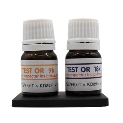 Immagine di KD89 Assortimento di reagenti/soluzioni per testare l&#039;oro, 9 e 18 carati, con pietra tocco naturale istruzioni multilingue, competenza gioielli, monete, lingottini, spatola