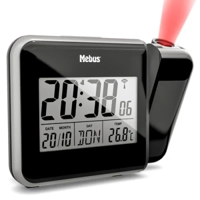 Immagine di Mebus digitaler Funkwecker mit Projektion der Uhrzeit an Decke Wand, INKL. Netzstecker, Batteriebetrieb Möglich, Dauerprojektion, schwenkbar, Thermometer/Farbe: Schwarz/Modell: 42425