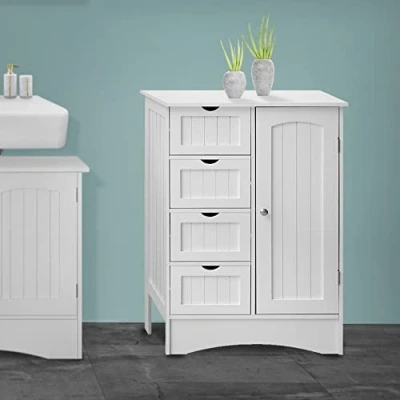 Immagine di ML Design Mobile Bagno con 4 Cassetti e Anta 55x81x30 cm Armadietto Stile Country Armadio Mobiletto Cassettiera Portaoggetti Multiuso Salvaspazio Arredo Camera da Letto Soggiorno in Legno MDF Bianco