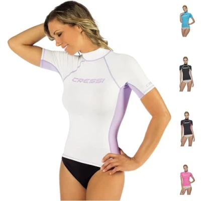 Immagine di Cressi Rash Guard, Maglia Protettiva a Maniche Corte, in Speciale Tessuto Elastico, Protezione Solare UV/UPF 50+ Donna, Bianco/Lilla, XL