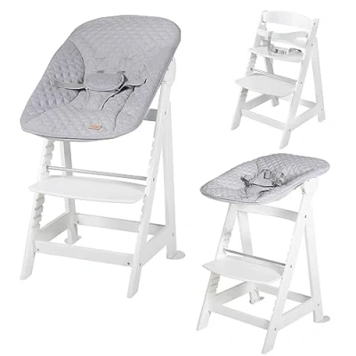 Immagine di roba Seggiolone Evolutivo Born Up 2 in 1, Sdraietta Style Grigia Reclinabile, Fodera Impermeabile, Altezza Regolabile, Robusto e Resistente, Ergonomico, fino ai 70 kg, Legno Laccato Bianco