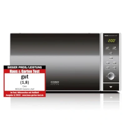 Immagine di CASO Microonde 3in1 MCG30 Ceramic Chef con grill + aria calda 2100W 30L, base in vetro borosilicato, griglia per 2 livelli, funzione forno fino a 200C, acciaio inossidabile, argento