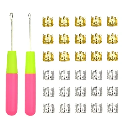Immagine di 2 Pezzi Latch Hook Crochet Needle con 30 Dreadlocks Decorazione in Metallo Intrecciare Anelli per Capelli Uncinetto Trecce Accessori la dei