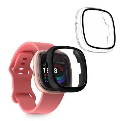 Immagine di kwmobile 2X Custodia Rigida Smartwatch Compatibile con Fitbit Versa 4 / Sense 2 Cover Case Vetro Temperato Orologio Fitness Trasparente/Nero