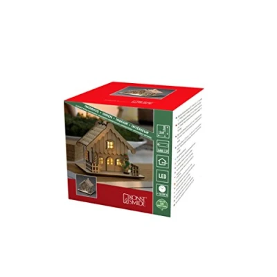 Immagine di Konstsmide 3234 100 Casetta in Legno con Tetto Naturale, per Uso Interno (IP20), 2 diodi Bianchi Caldi, Funzionamento a Batteria: 3 x AA 1,5 V (escl.)