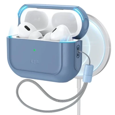 Immagine di ESR Cover per AirPods Pro 2/1 (2023/2022/2019), Compatibile con 2 (USB C/Lightning Cable), Custodia abilitata a MagSafe, Protezione dalle cadute, Chiusura magnetica, Serie Orbit, Blu Scuro