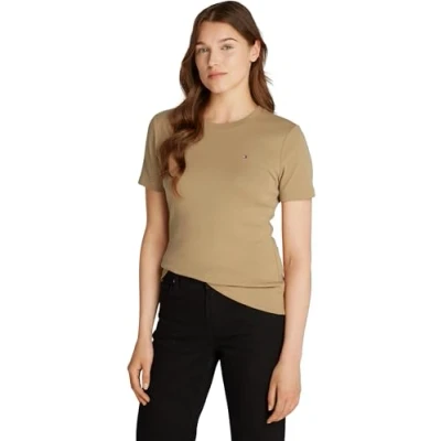 Immagine di Tommy Hilfiger Donna T Shirt Maniche Corte Slim Cody Scollo Rotondo, Beige (Safari Canvas), XL