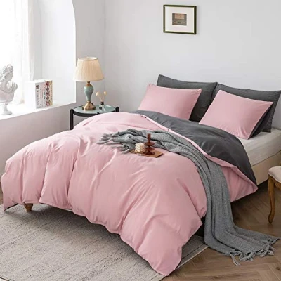 Immagine di Damier biancheria da letto 200 x cm, colore rosa antico, grigio antracite, set di double face, copripiumino con chiusura lampo + 2 federe 80 cm