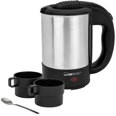 Immagine di Clatronic WKR 3624, Bollitore da viaggio, Bollitore, Ideale per viaggiare e viaggiare, Incl. 2 tazze 170 ml, trasporto/Borsa viaggio cucchiaino caffè, acciaio inox/nero