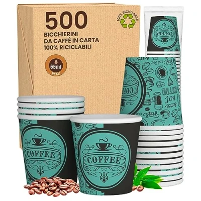 Immagine di 500 Bicchierini in Carta per caffè 65ml PubGreenCUP Bicchieri Ecologici Biodegradabili Monouso Piccoli Asporto Bevande Calde