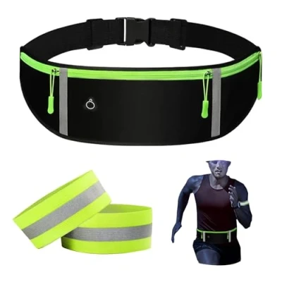 Immagine di Marsupio Running Regolabile, Cintura da Corsa con Striscia Riflettente, di Grande Capacità 2 Paia Fascia Braccio Riflettente per Corsa, Esercizio, Attività All&#039;Aperto