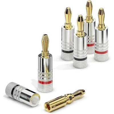 Immagine di ETEC spine a banana, adatte per cavi altoparlanti con sezione fino 6 mm², dritte codifica colori (2x rosso, 2x nero), set da 4, placcato oro 24k